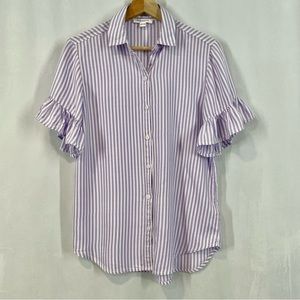 Beach Lunch Lounge Striped Ruffled Short Sleeve Button Down Blouse Purple XS